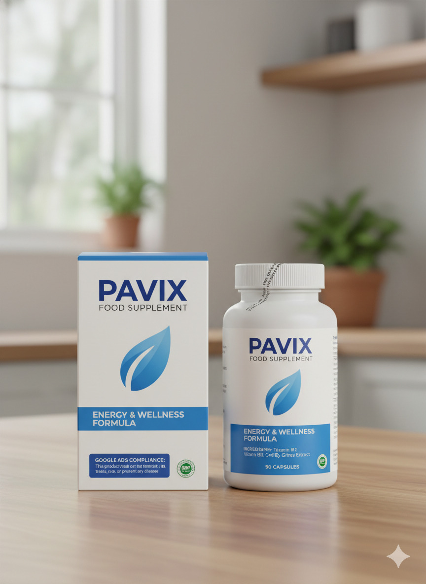 Sealed Pavix food supplement bottle beside outer carton on a tabletop